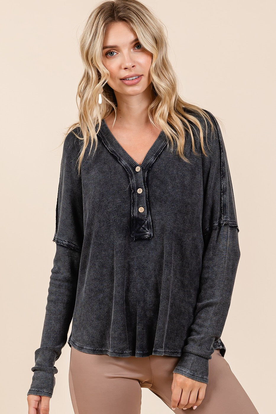 Washed V Neck Long Sleeve Blouse with Button Detailing and Exposed Seams, Boho Tops for Women