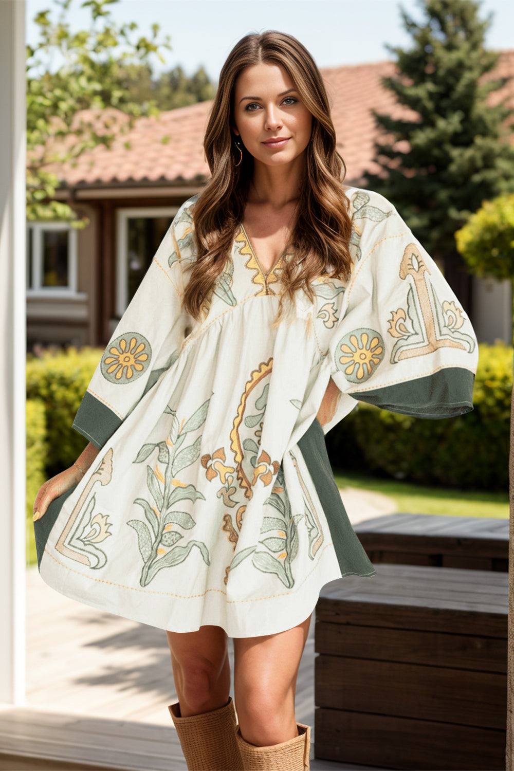 Printed V-Neck Three-Quarter Sleeve Mini Dress with floral details, 100% polyester, featuring a basic style and no stretch, perfect for casual settings.