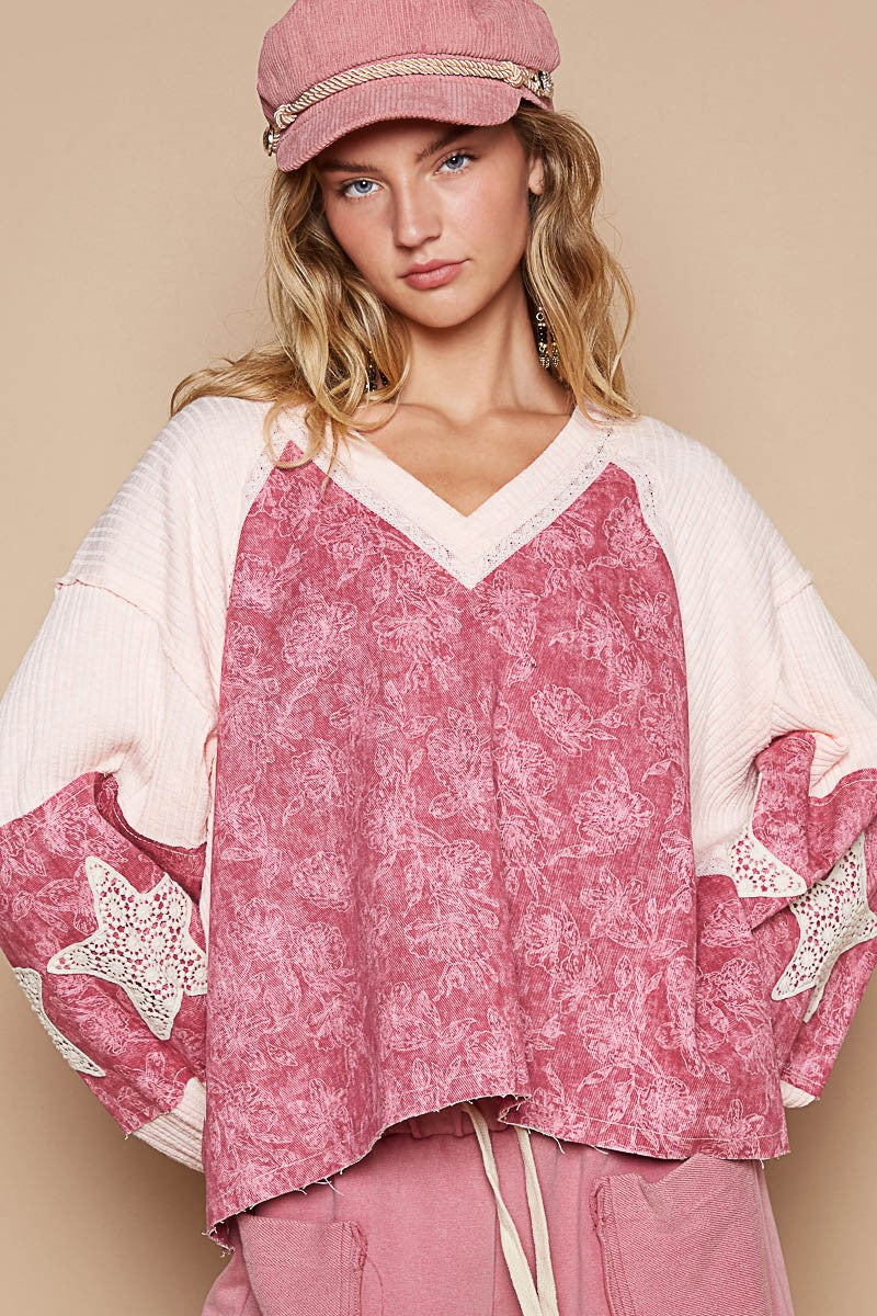 pink bohemian lace detail floral pattern top with v-neck