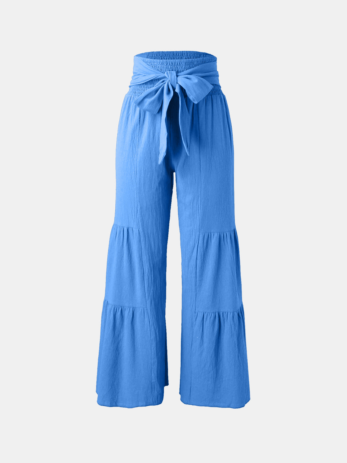 Blue tied ruched wide leg pants with high waist.