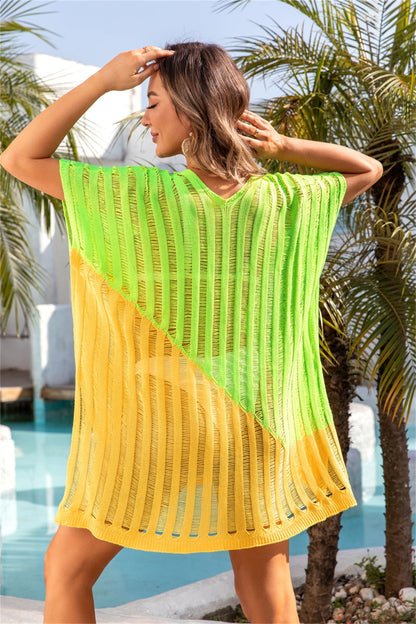 Boho beach cover up, sheer and stretchy polyester with slit, in vibrant colors.