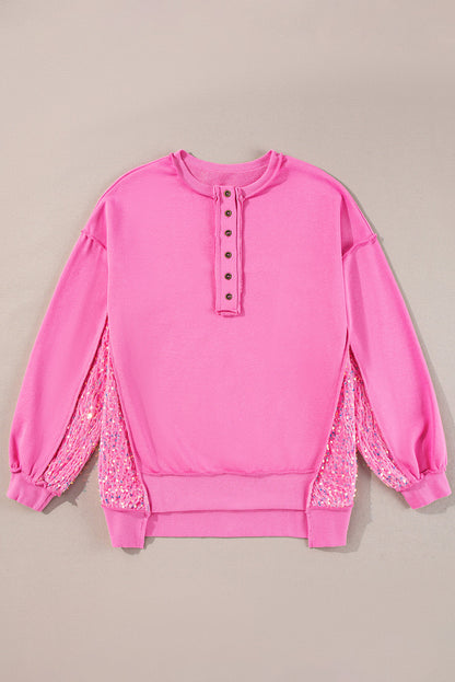 Sequin Half Button Long Sleeve Sweatshirt