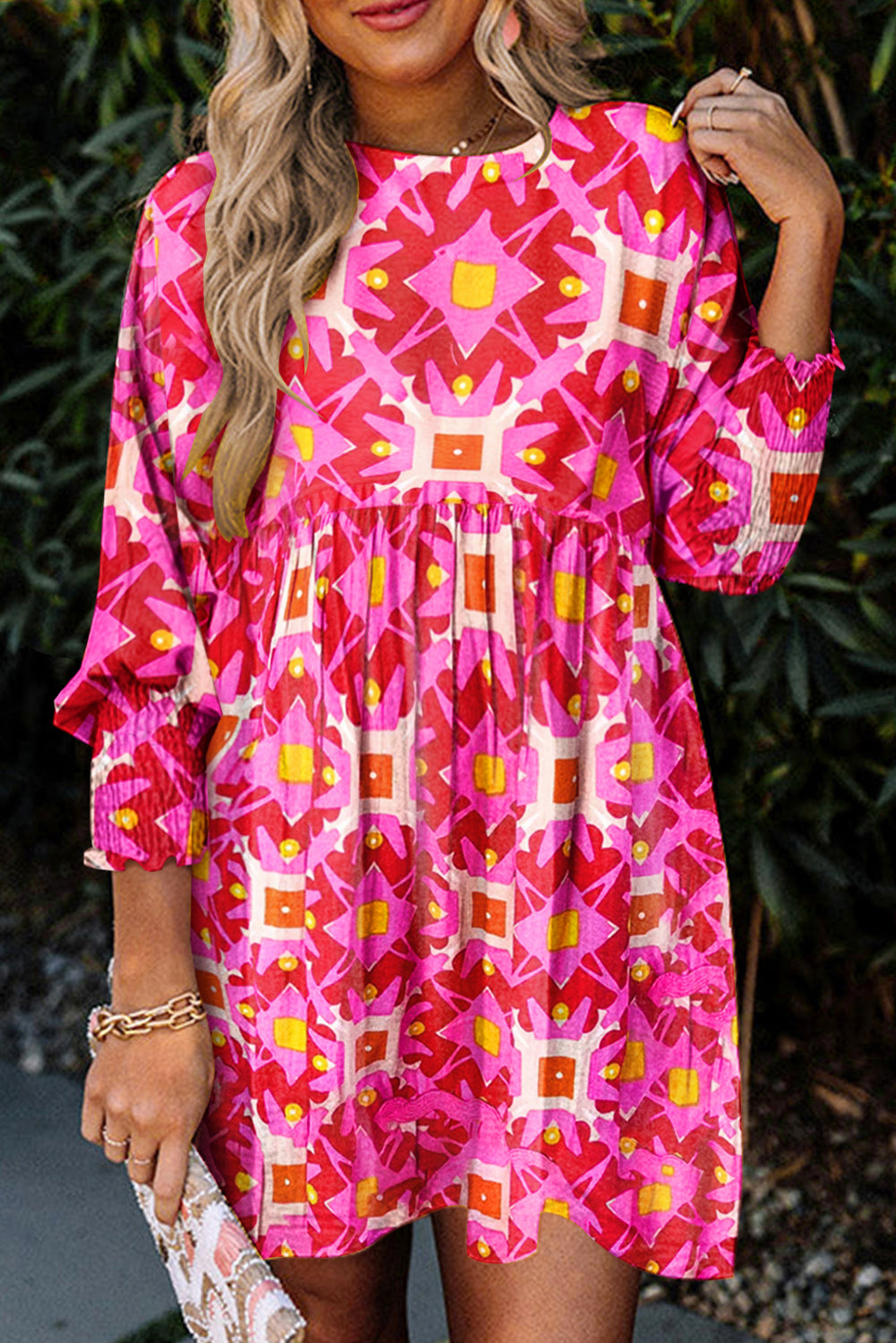 Pink geometric print smocked long sleeve mini dress with bohemian charm and shirred detailing, perfect for spring and autumn.