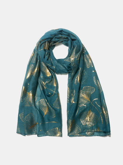 Ginkgo Leaf Polyester Scarf with gold leaf design on teal background.