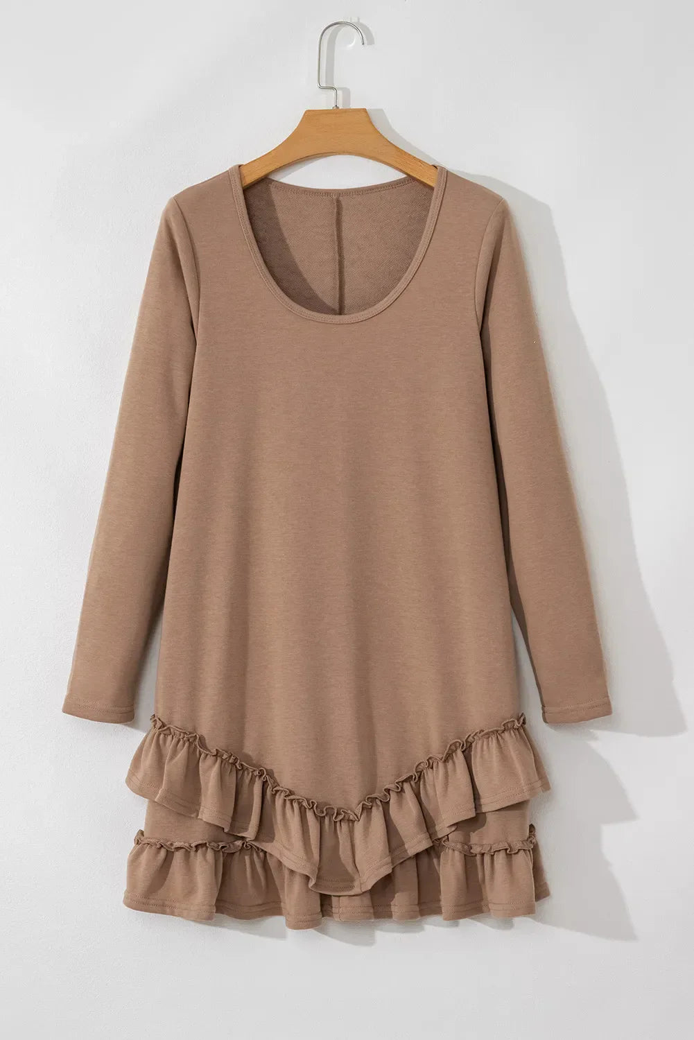 Ruffled Scoop Neck Three-Quarter Sleeve Mini Dress in beige with layered hem.