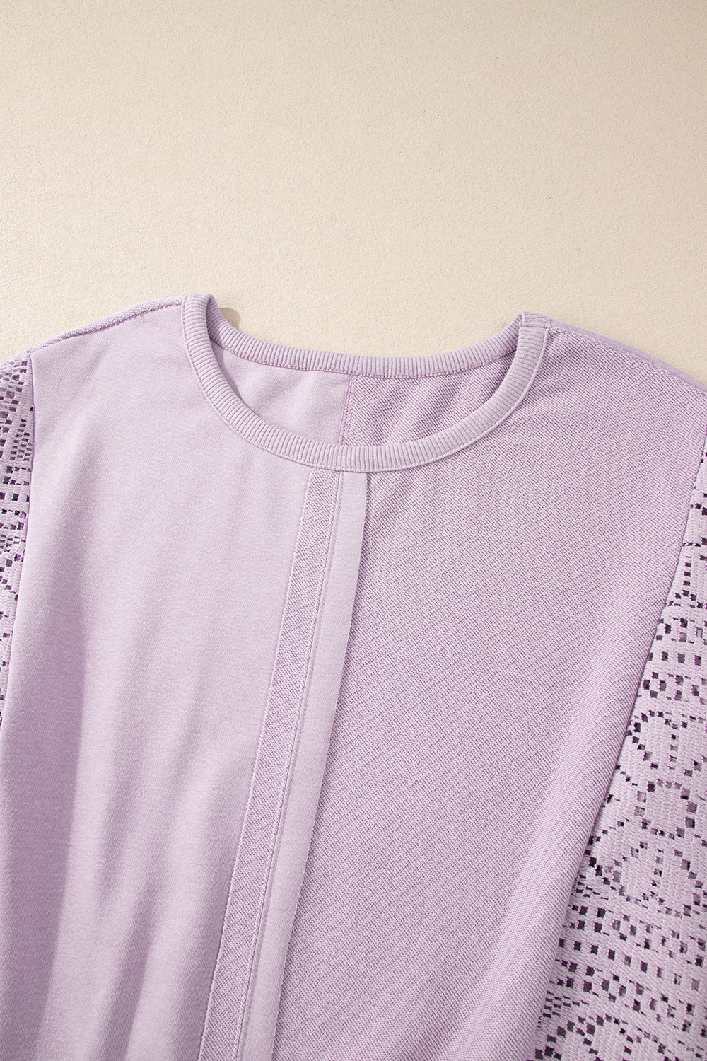 Boho crochet round neck long sleeve sweatshirt in light purple with cutout design.