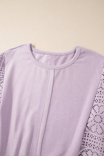 Boho crochet round neck long sleeve sweatshirt in light purple with cutout design.