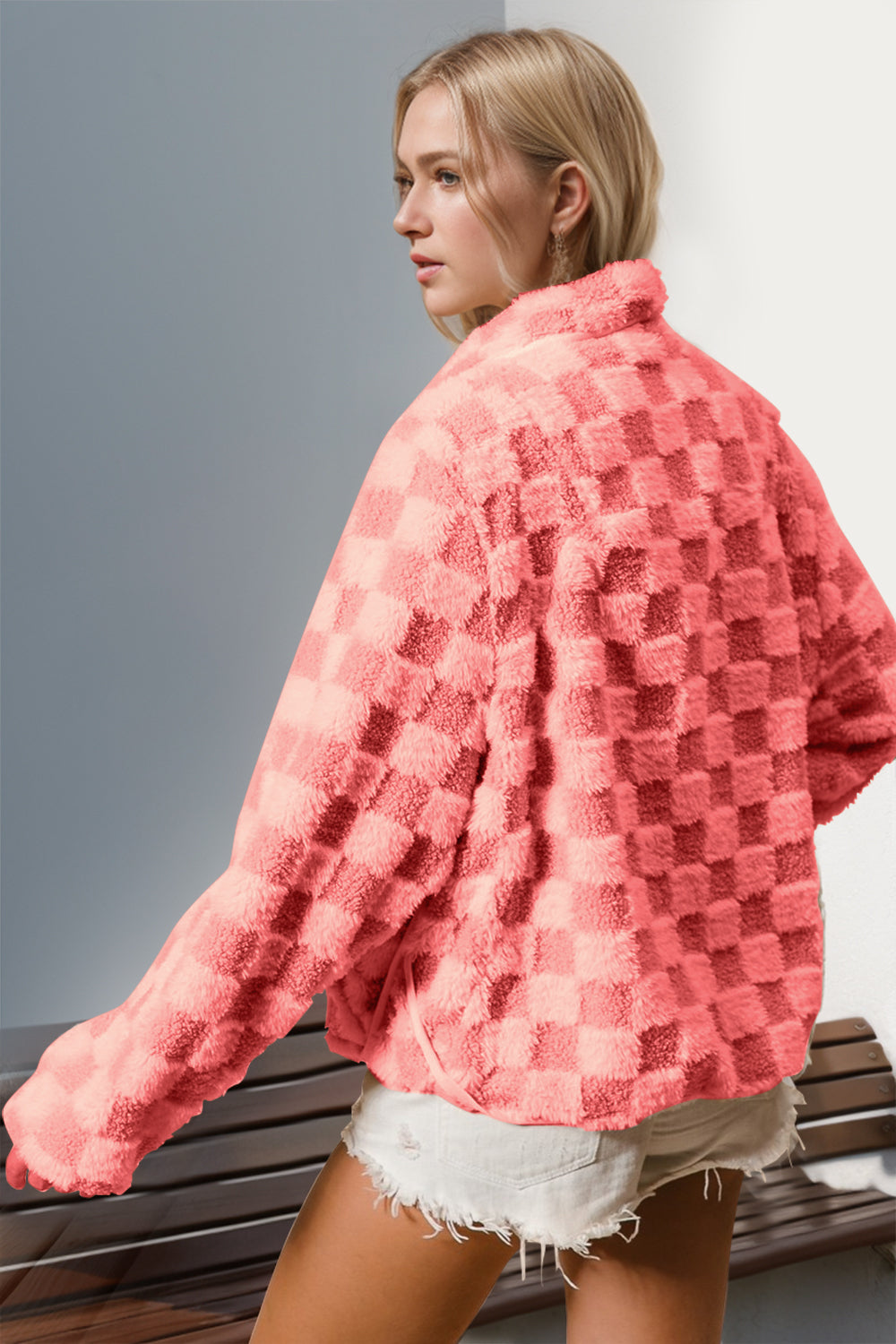 Checkered Long Sleeve Fuzzy Jacket