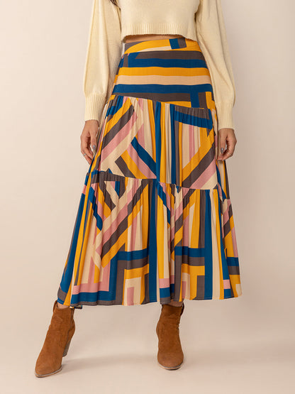 Ruched Elastic Waist Contrast Midi Skirt