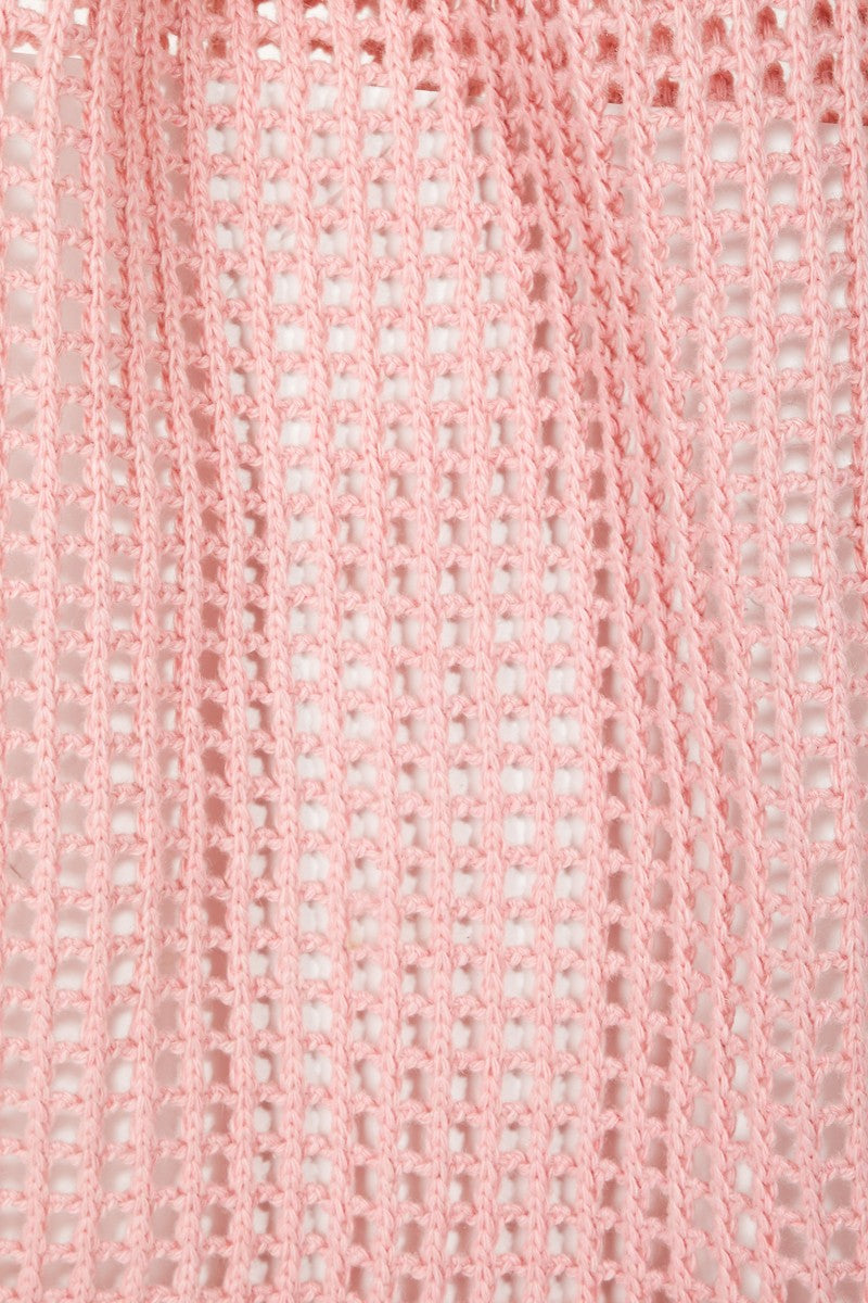 Pointelle knit crochet tote bag in pink polyester material.