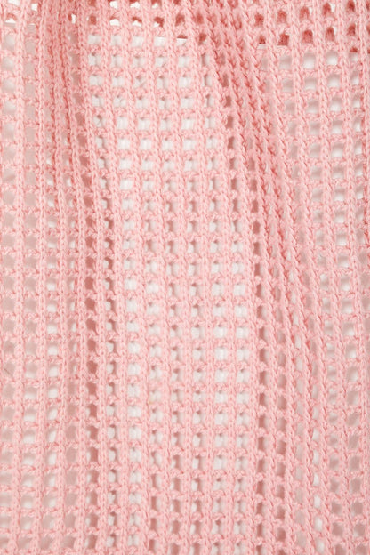 Pointelle knit crochet tote bag in pink polyester material.