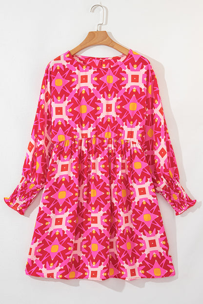 Pink Geometric Print Smocked Long Sleeve Mini Dress