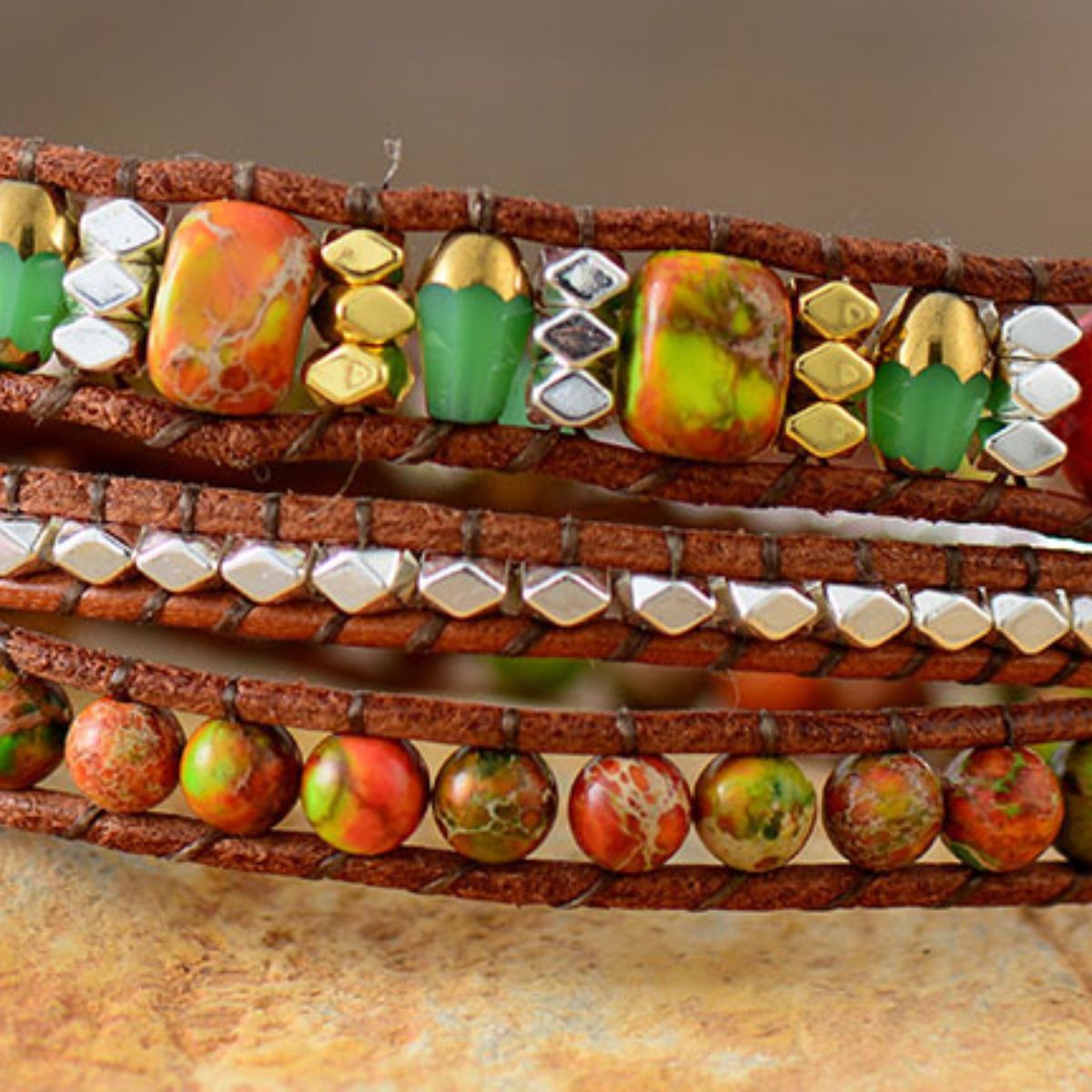 Natural Stone Woven Bracelet with 18K gold-plating, featuring vibrant natural stones.