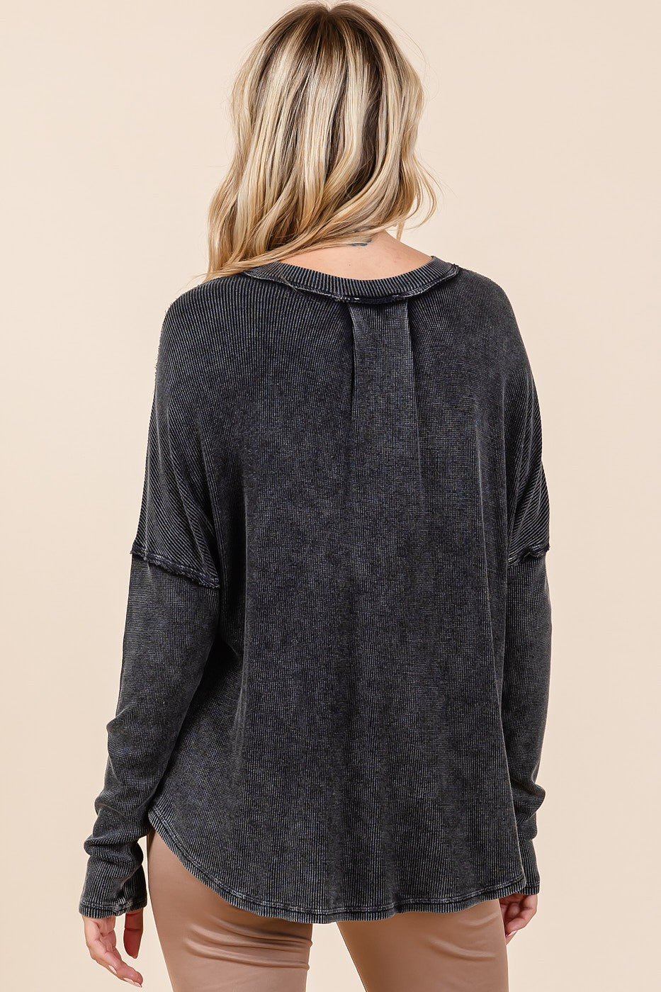 Washed V-neck long sleeve blouse with vintage texture, boho style for women.