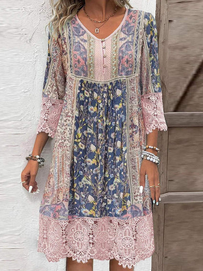 Lace detail mixed floral printed three-quarter sleeve dress in polyester.