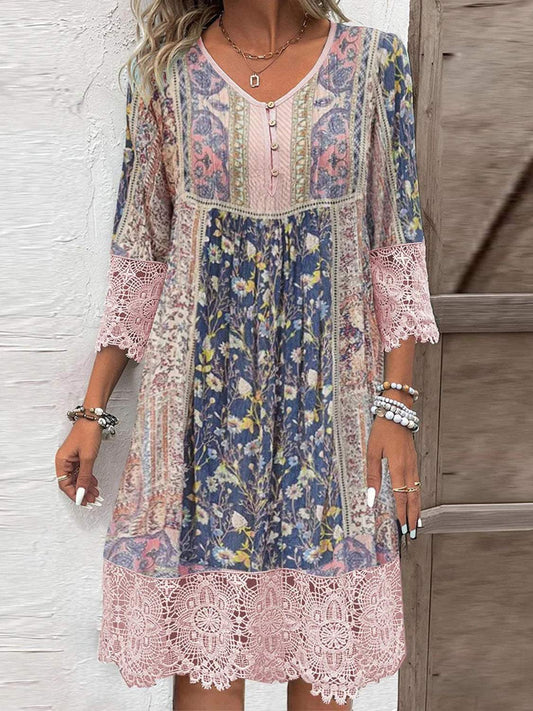 Lace detail mixed floral printed three-quarter sleeve dress in polyester.