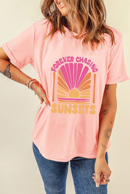 Pink Forever Chasing Sunsets Graphic T-Shirt with retro sunset design.