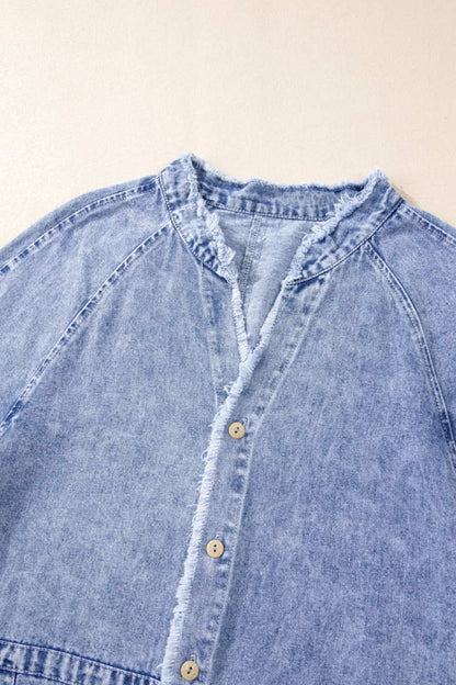 Raw hem button-down long sleeve denim dress with no stretch.