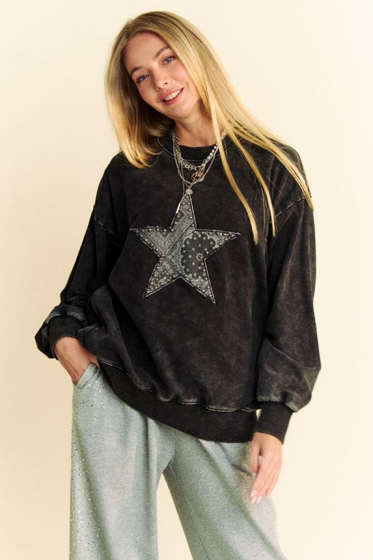 Stud Star Patch Acid Washed Sweatshirt