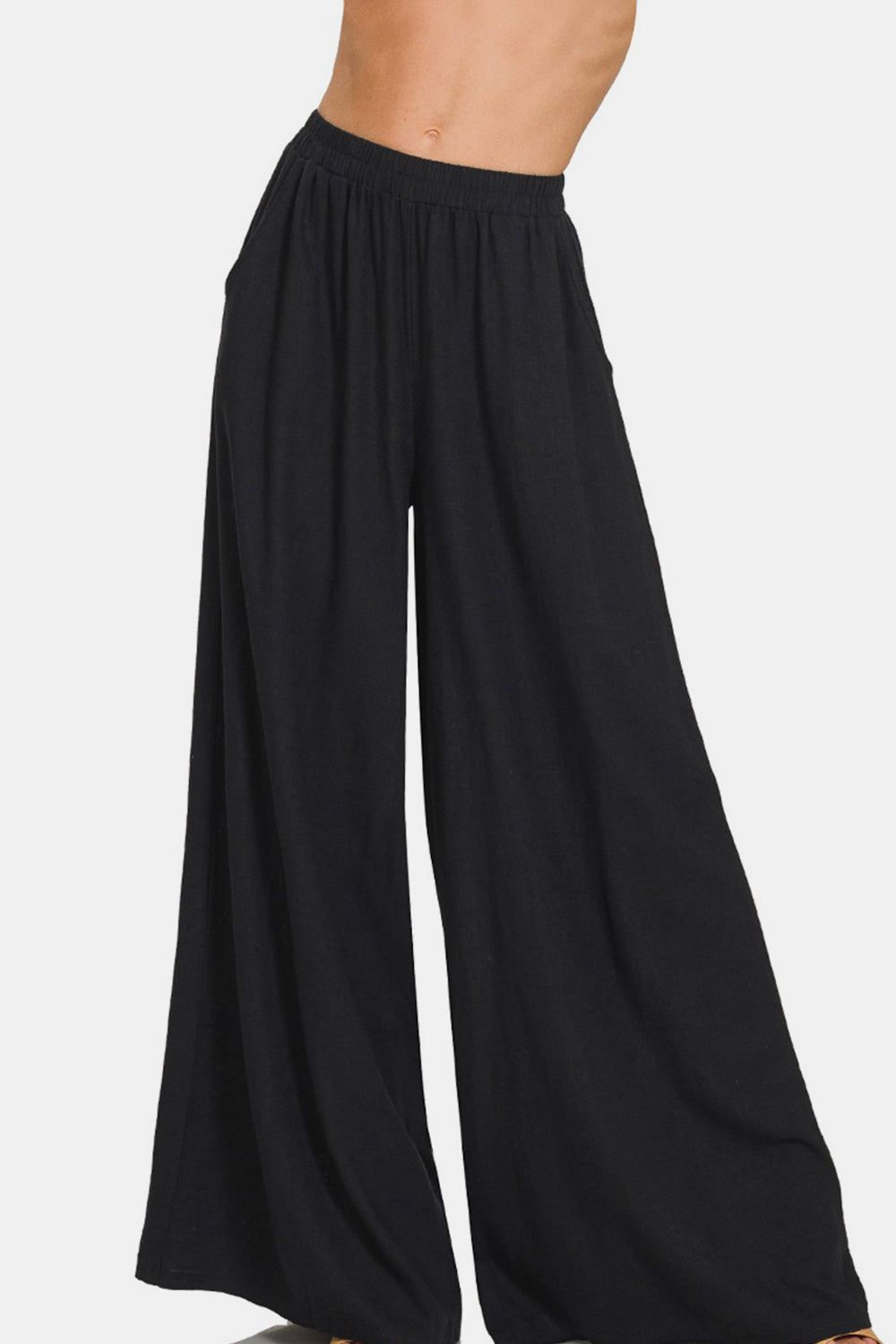 Boho pleated linen blend wide leg pants in black, lightweight and stylish design.