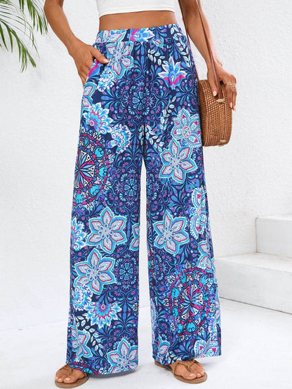 Boho Blue Wide Leg Pants with floral pattern and pockets