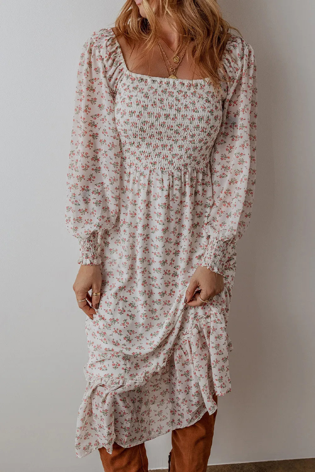 Smocked floral square neck long sleeve midi dress in white and pink.