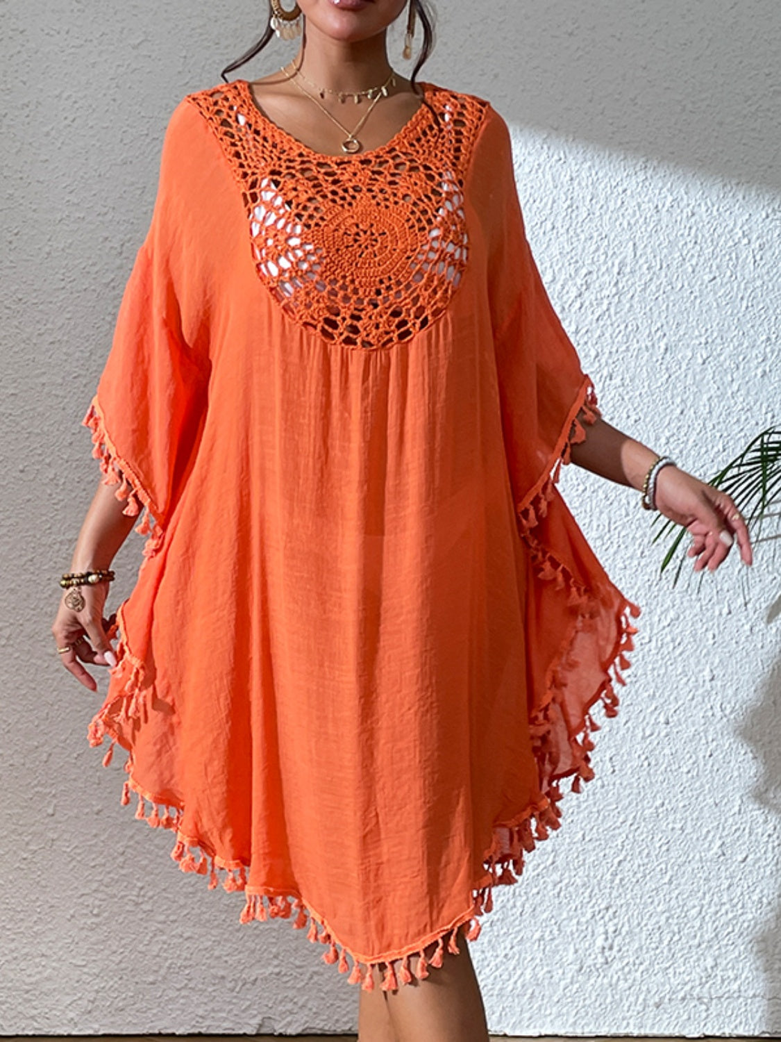 Tassel cutout scoop neck cover-up dress in orange, semi-sheer, acrylic/polyester blend.