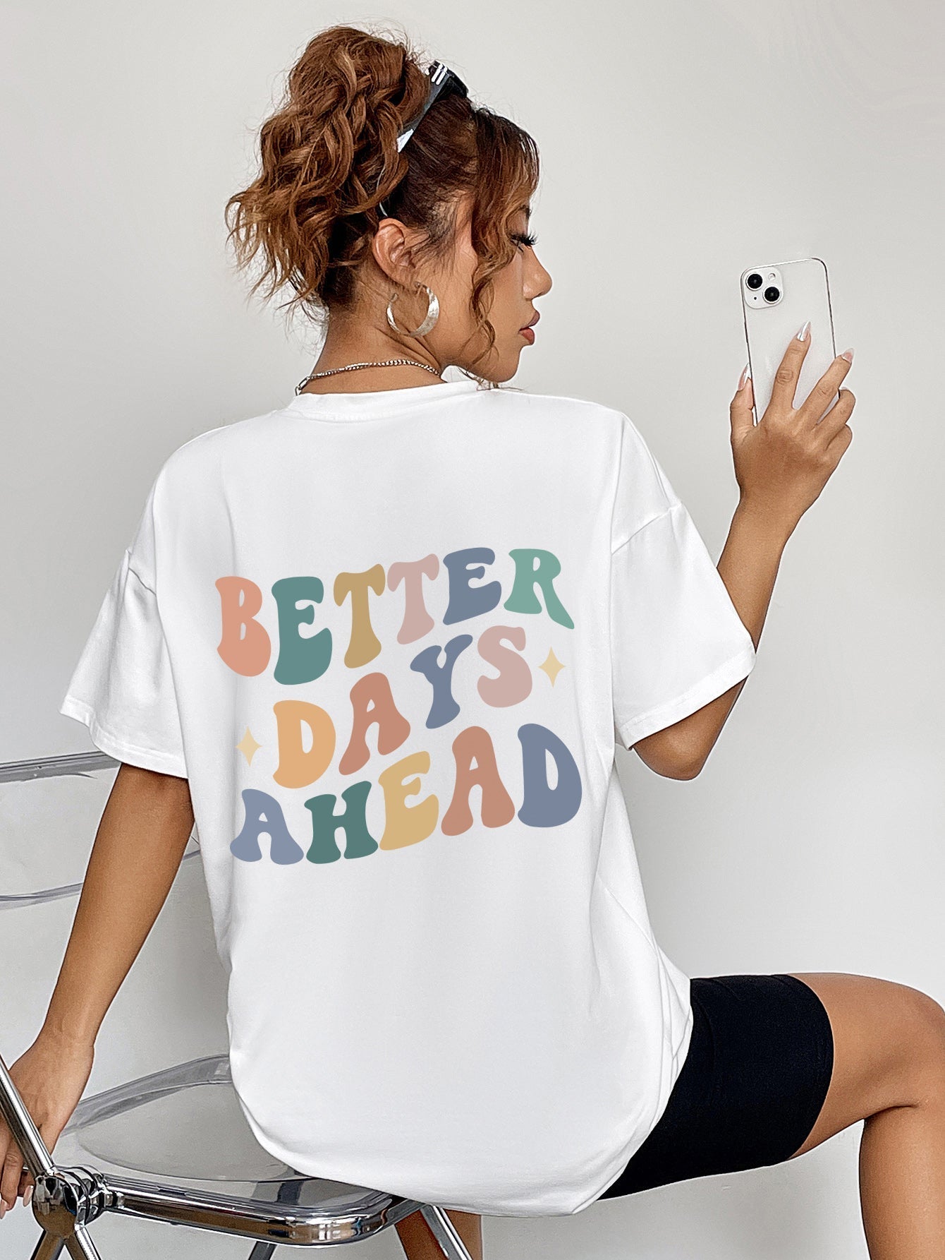 Better Days Ahead Graphic T-Shirt with colorful text design, 100% polyester.