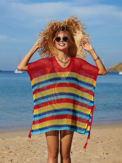 Rainbow cutout striped swim cover up with slit and semi-sheer design.