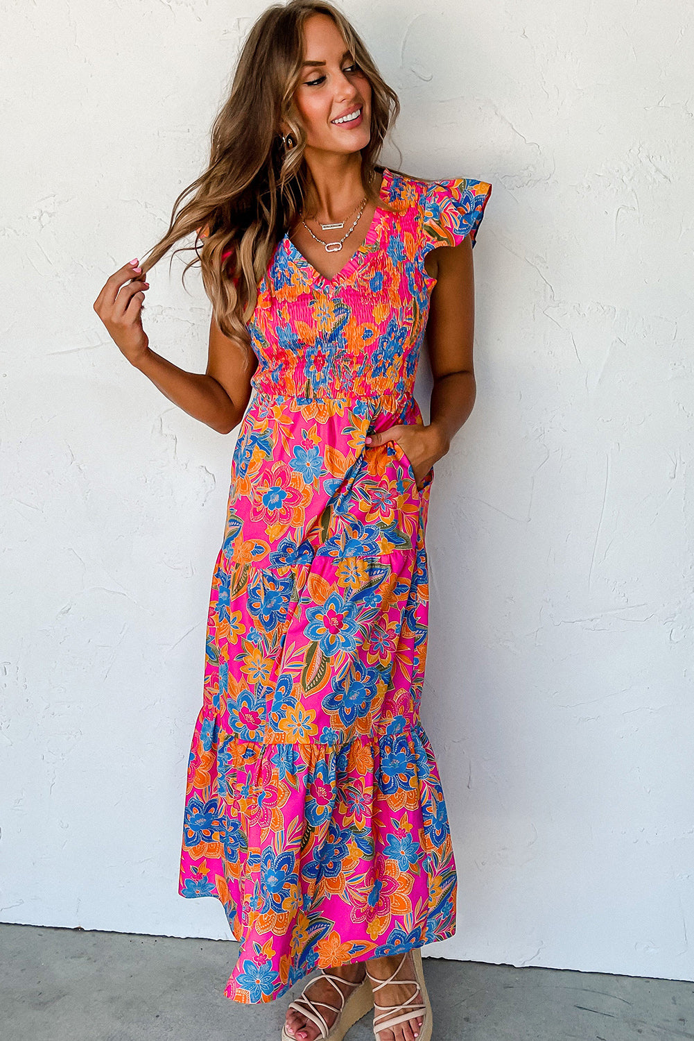 Blue Boho Floral V Neck Ruffle Tiered Long Dress