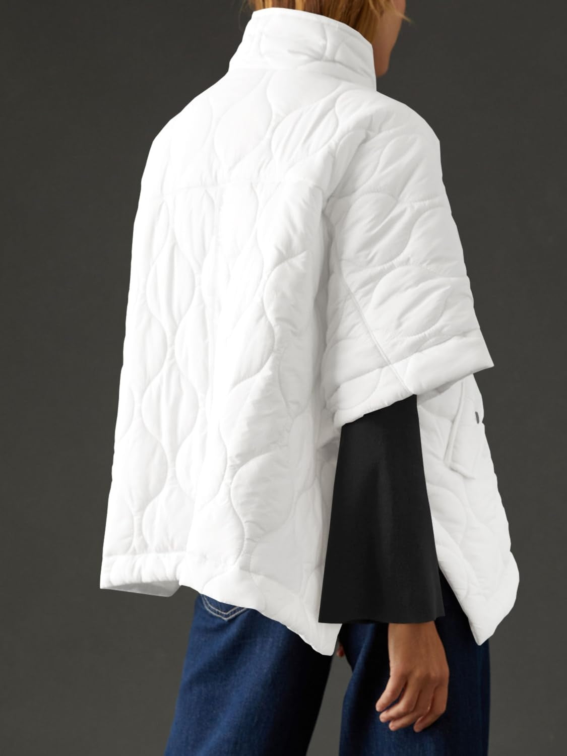 Textured Half Zip Pullover Poncho in white, quilted design, perfect for cool weather layering.