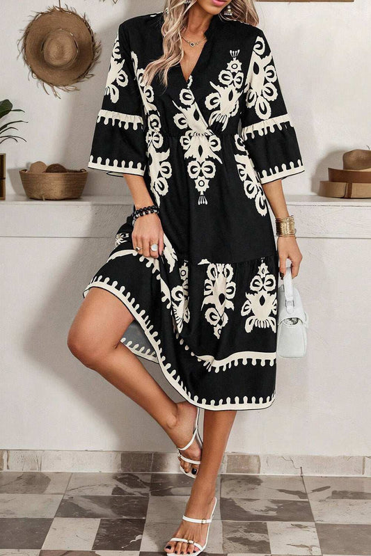 Trendy geometric print loose midi dress with V-neck, 3/4 sleeves, and high waist detail.