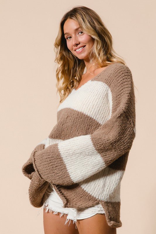 Neutral Colored Slit Striped V-Neck Dropped Shoulder Sweater