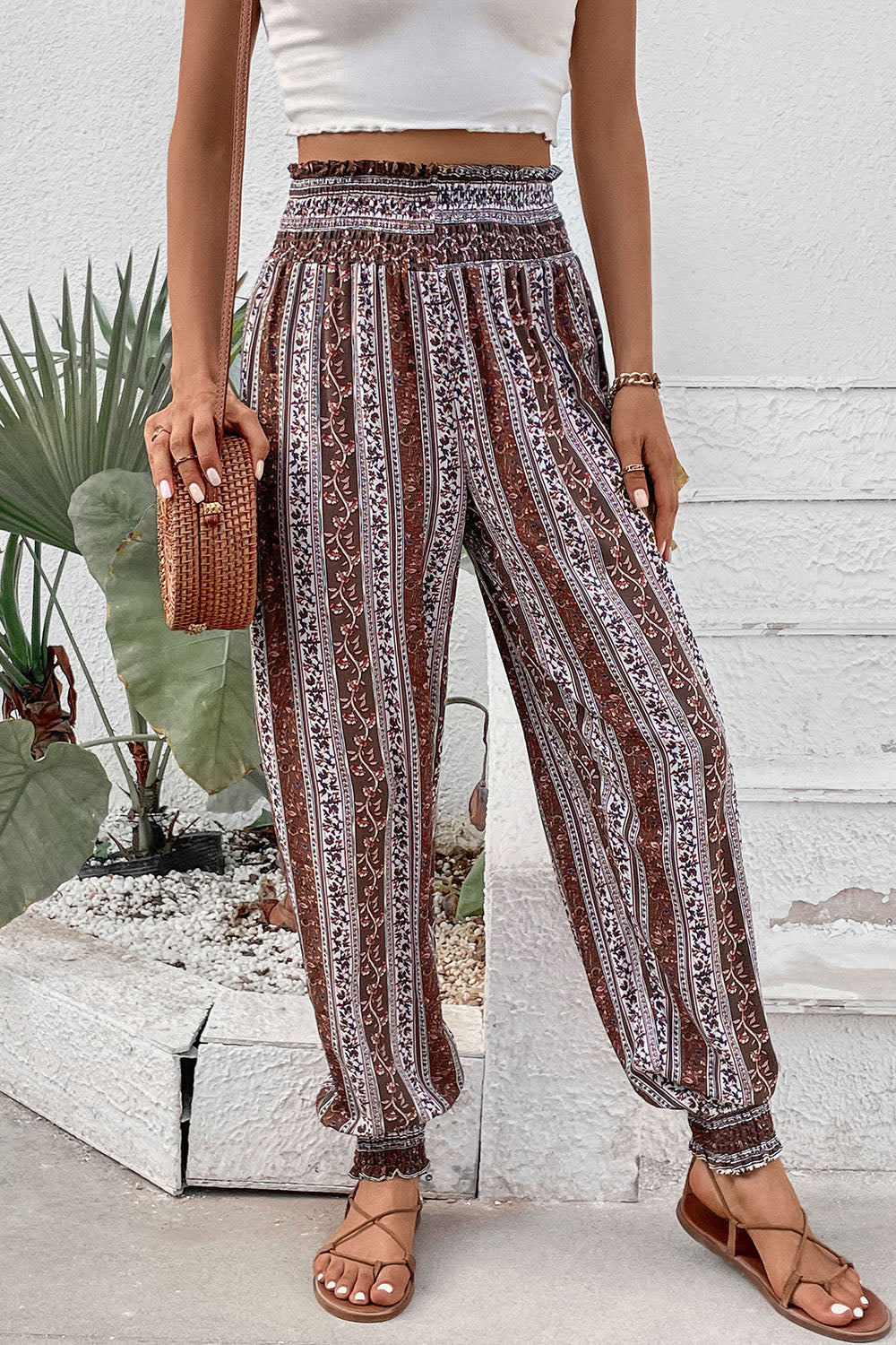 Boho print high waist joggers pants in brown and white with smocked waistband.