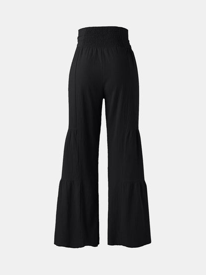 Black tied ruched wide leg pants, high waist, polyester-spandex blend.