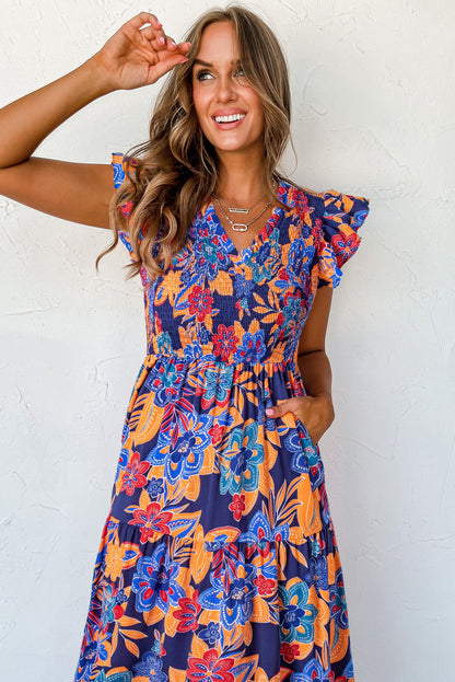 Blue Boho Floral V Neck Ruffle Tiered Long Dress