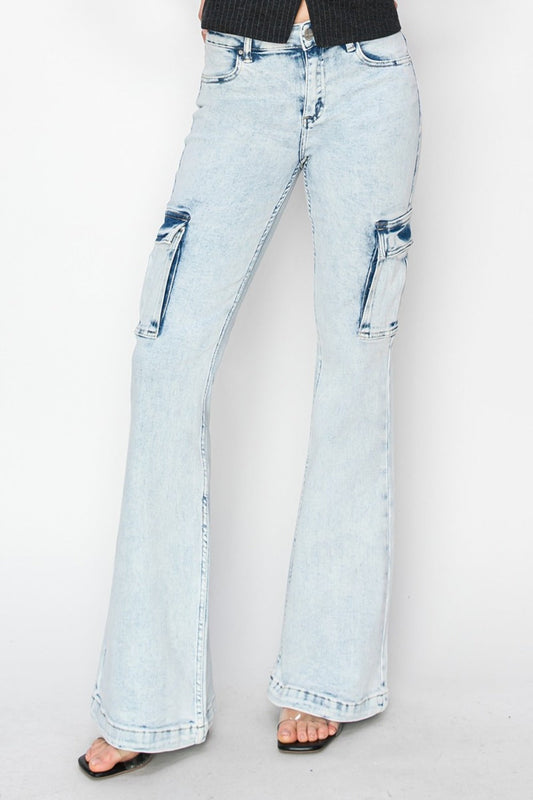 High rise light wash cargo flare jeans with utility pockets and flared legs.