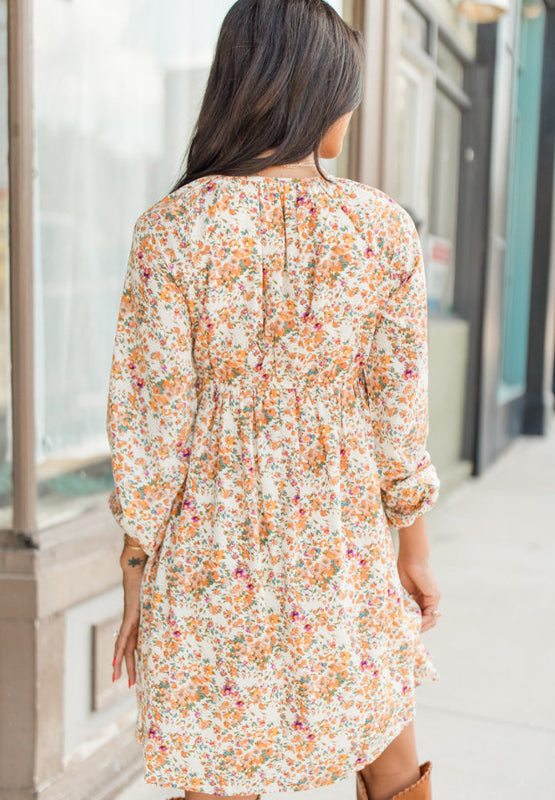 Feminine Floral Printed Balloon Sleeve Mini Dress