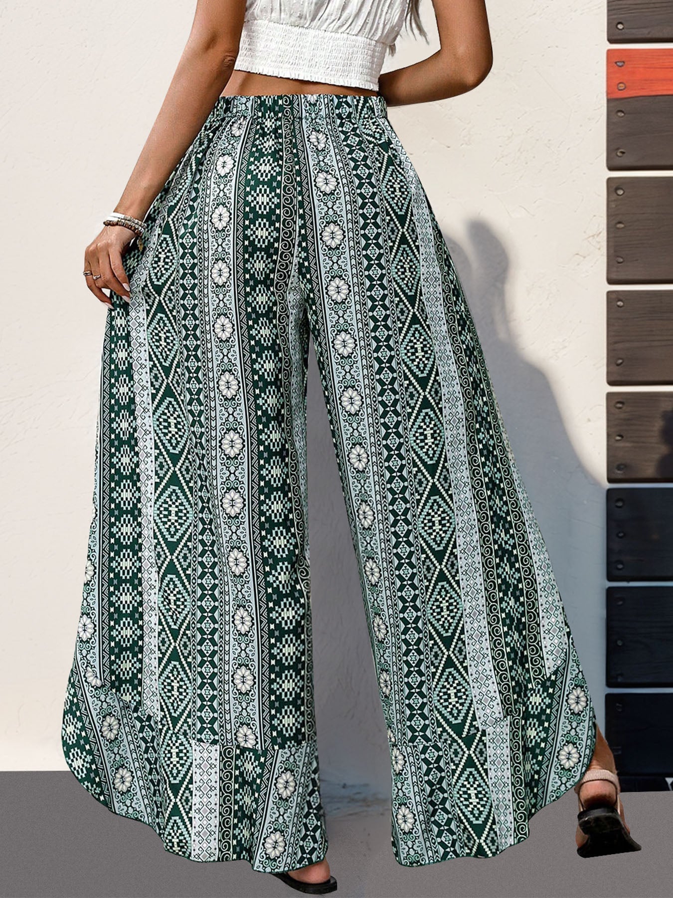 Boho high waist slit ruffled geometric wide leg pants.