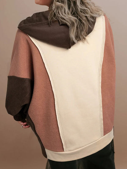 Plus Size Color Block Long Sleeve Hoodie, back view, showing multiple earthy tones.