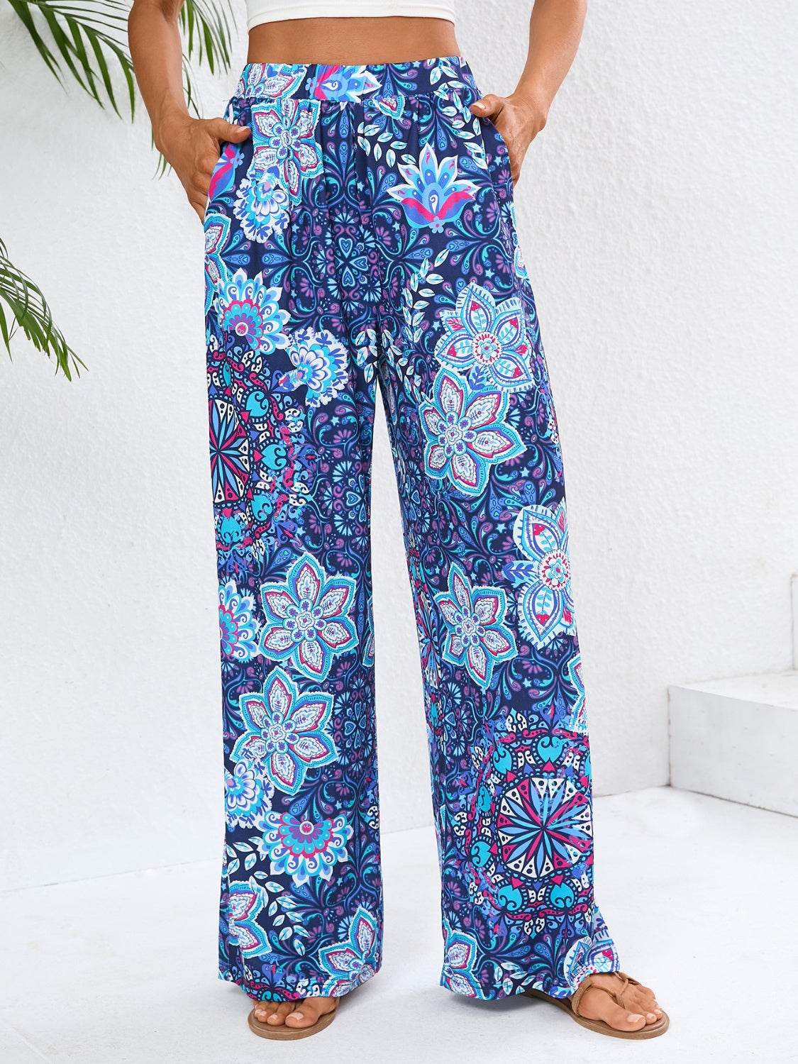 Boho Blue Wide Leg Pants with Pockets