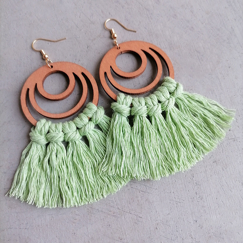 Tassel Detail Geometric Earrings with green tassels and wood accents, boho chic jewelry for women.