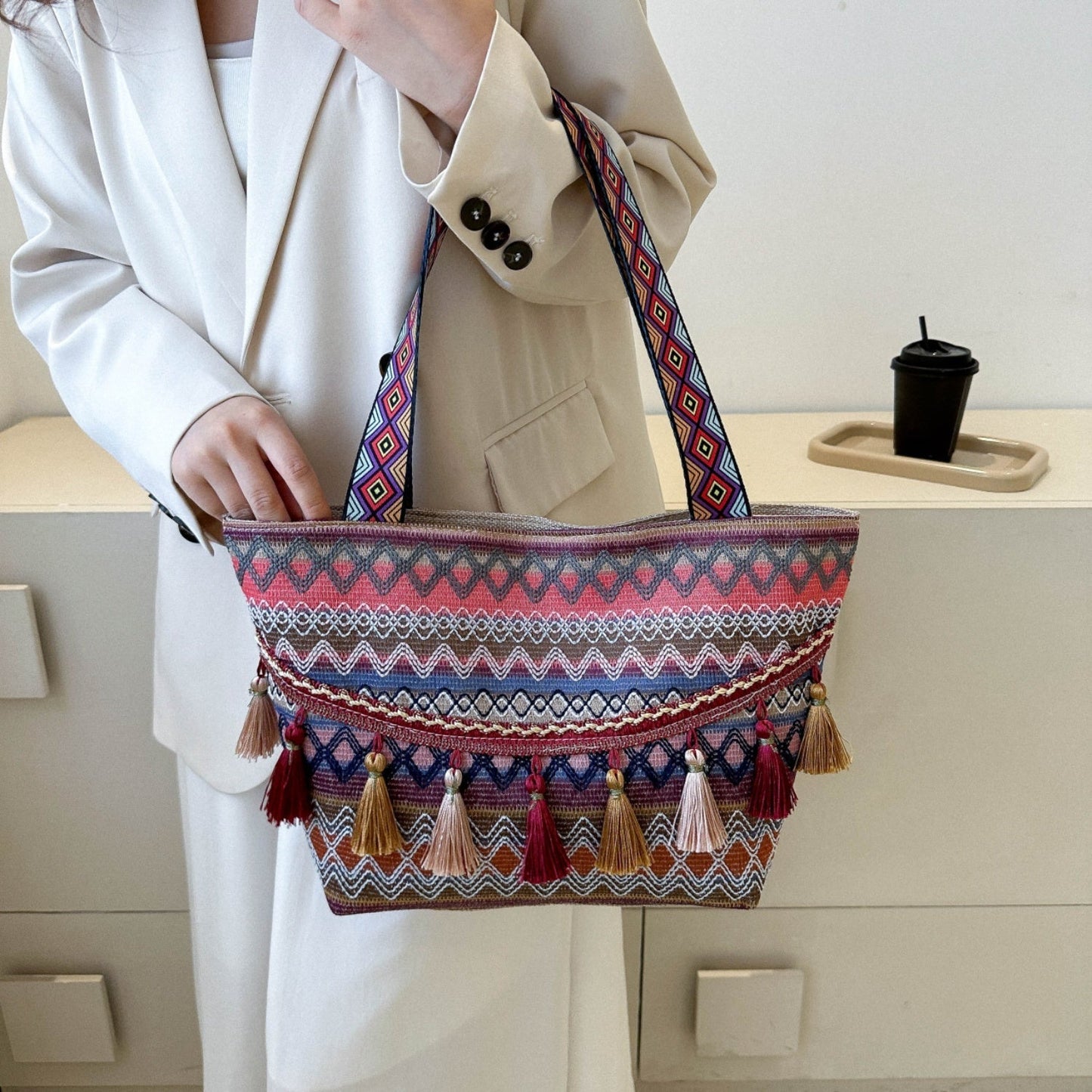 Boho Printed Tassel Detail Tote Bag for Women, Medium Size