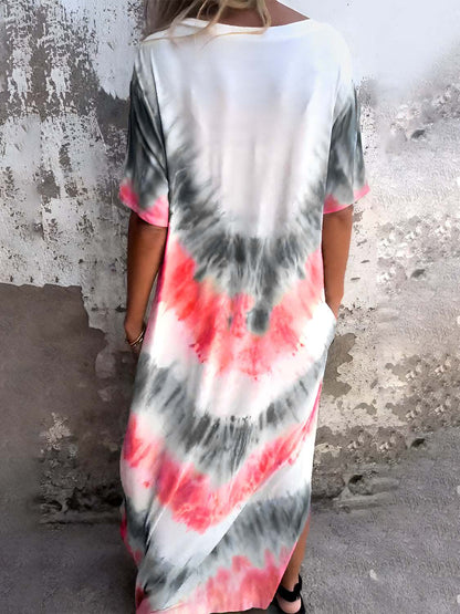 Tie-Dye Maxi Dress with pockets, lightweight, stretchy fabric, perfect for warm weather.