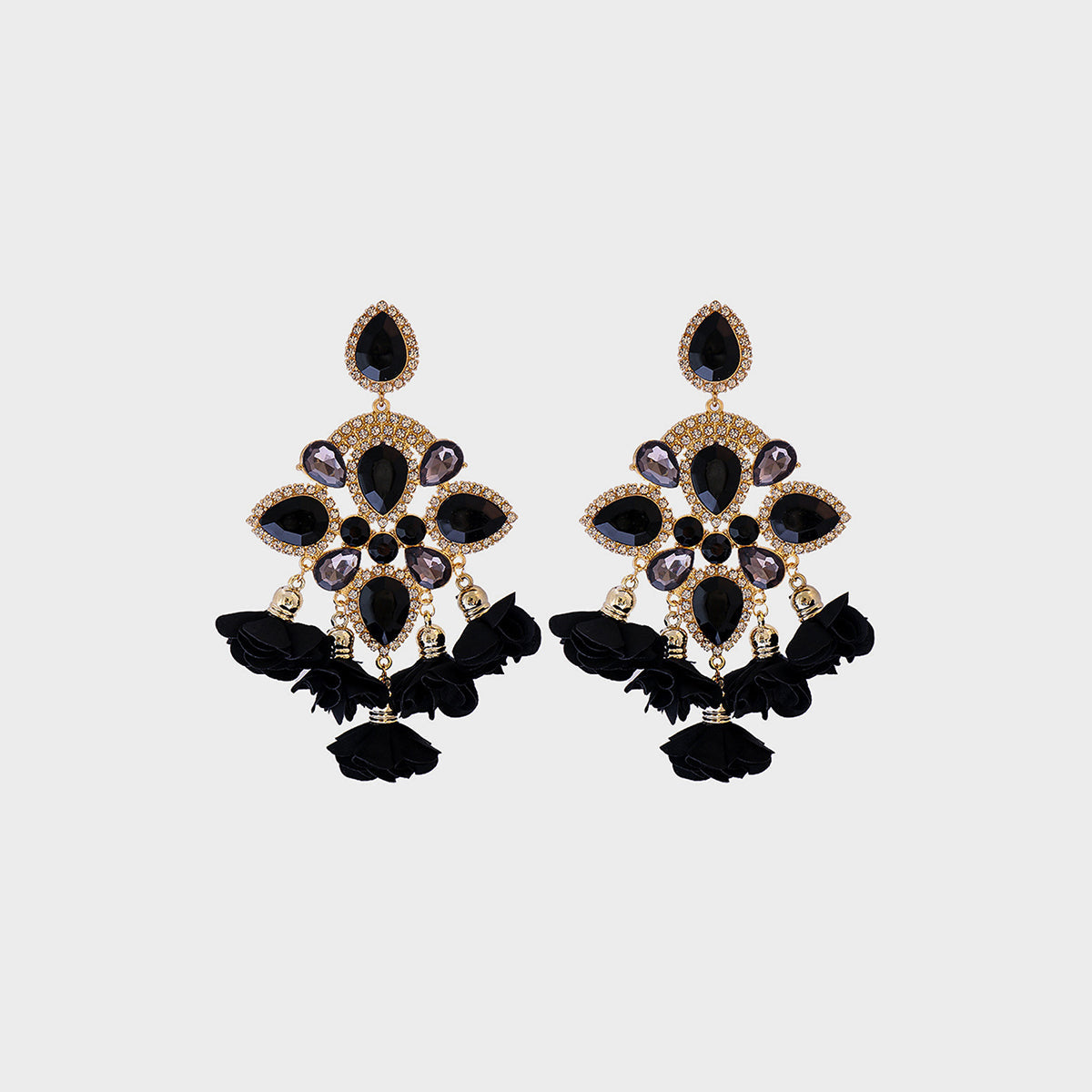 Flower shape rhinestone alloy dangle earrings with black and gold design.