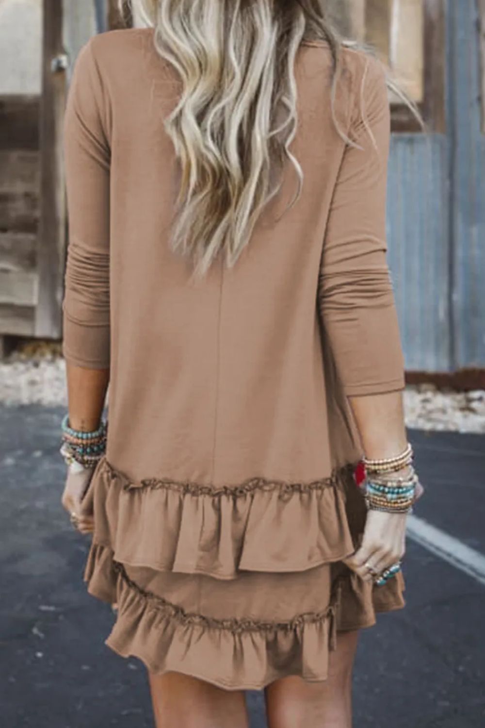 Ruffled scoop neck three-quarter sleeve mini dress in brown, featuring layered ruffles and no stretch.