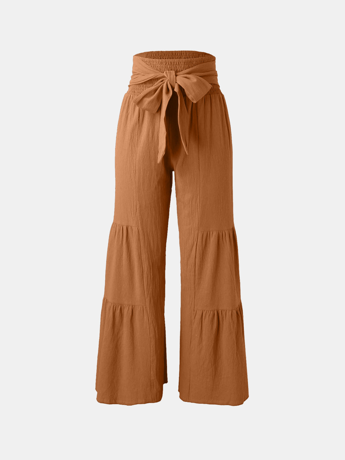 High waist tied ruched wide leg pants in brown, polyester-spandex blend.