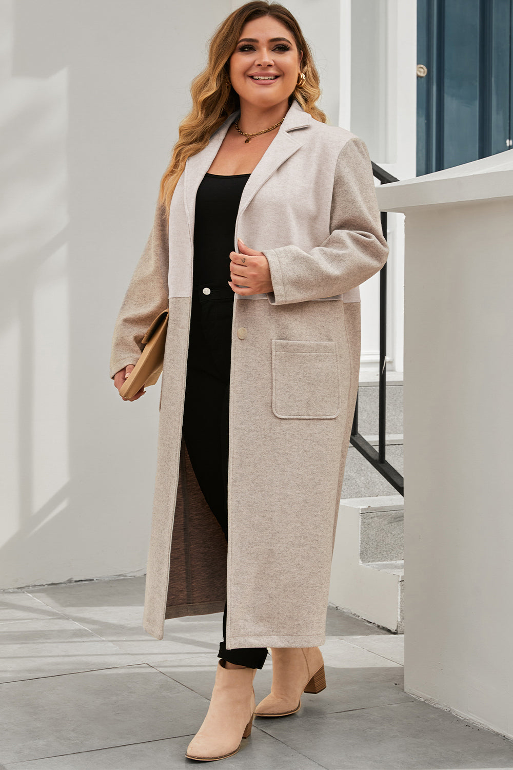 Plus Size Collared Neck Buttoned Longline Coat for Curvy Women