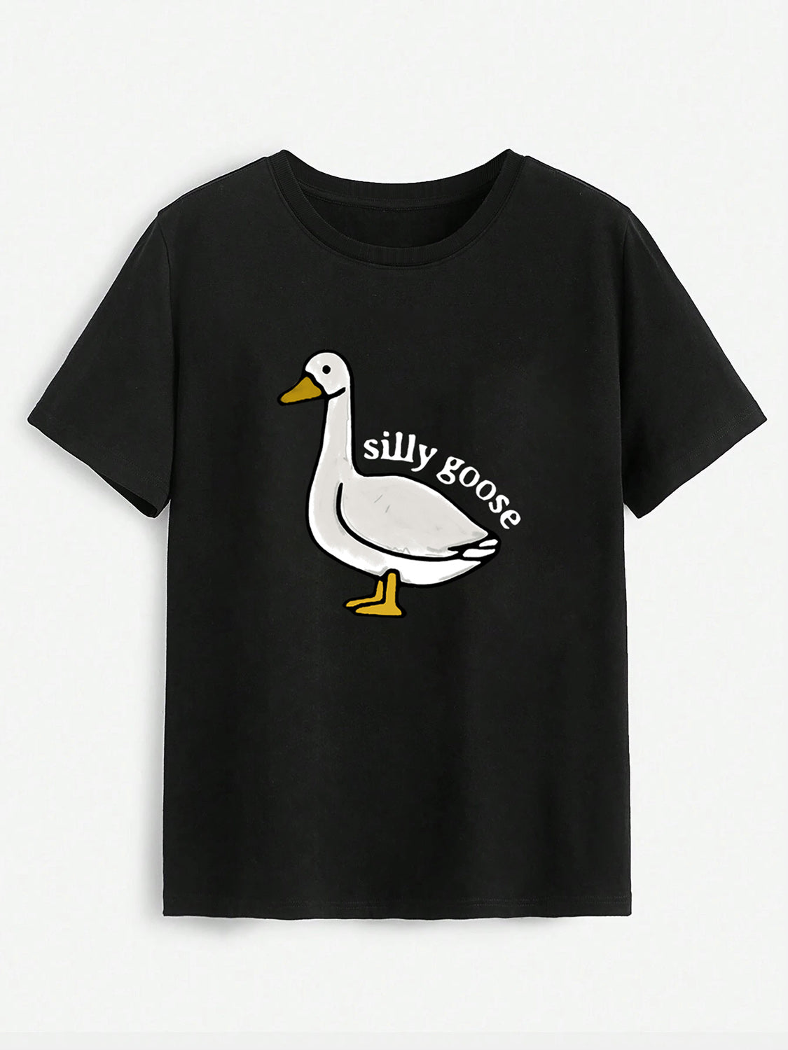 Silly Goose Graphic T-Shirt on black background with cartoon goose design.