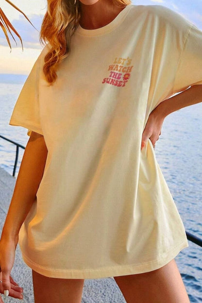 Let's Watch The Sunset T-Shirt in soft yellow, basic style, slightly stretchy polyester.